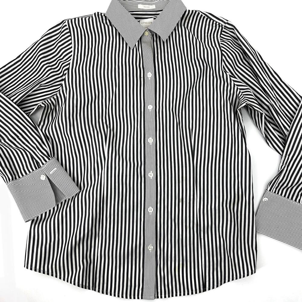 Chicos Charcoal and White Striped Button Up Shirt Flip Cuff Chicos Sz 2 Preowned